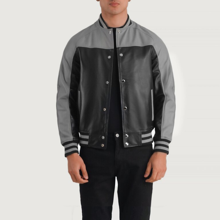 Mens Terrance Black & Grey Leather Varsity Jacket Open Front-4-1704122378343